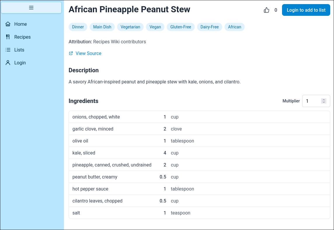 An image of the recipe list application
